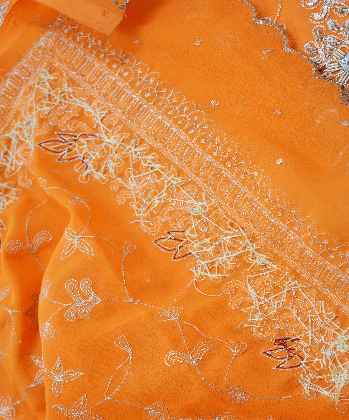 Vintage Orange Georgette Hand Embroidered Design Fabric 29"X43" Golden Zardozi/Dabka/Zari Crafting Quilting