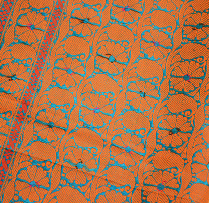 Vintage Orange 100% Pure Silk Hand Woven Design Fabric 23"X45" Floral Design Crafting Sewing Quilting