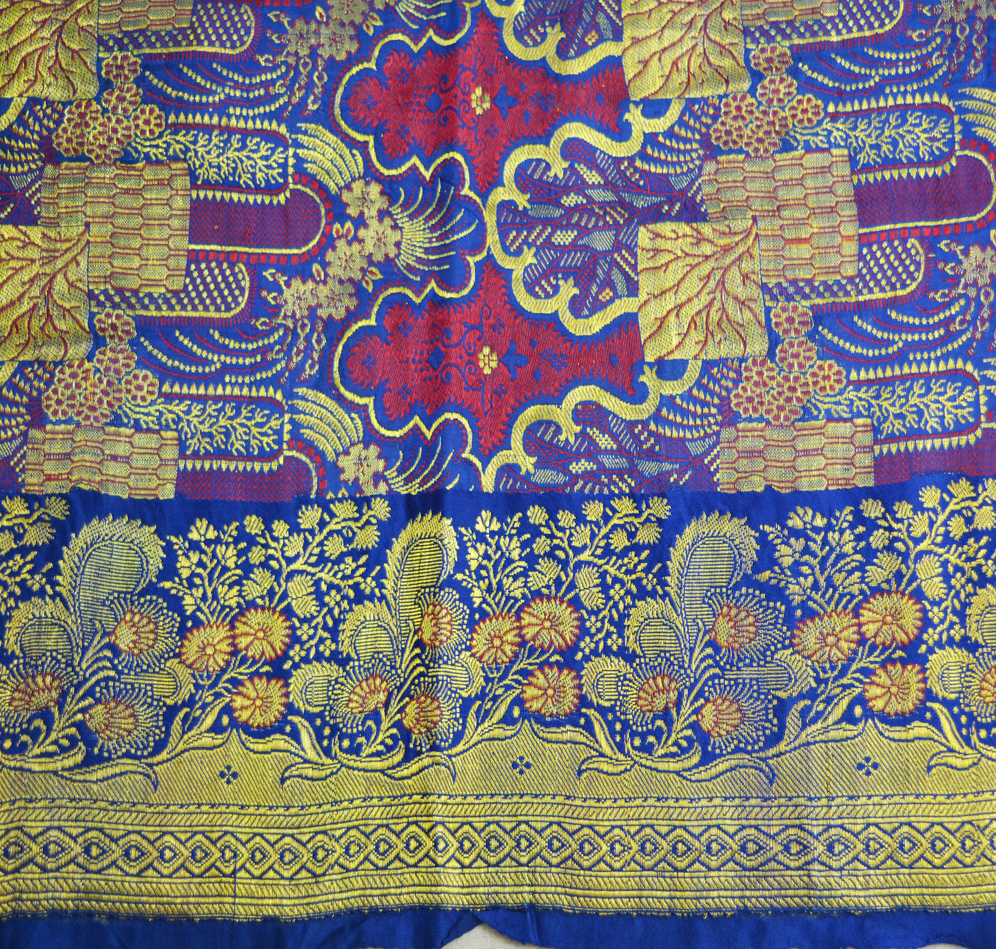Vintage Blue Pure silk Banarasi Brocade Hand Woven Fabric Design Indian Fabric 31"X44" Floral Design Sewing