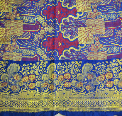Vintage Blue Pure silk Banarasi Brocade Hand Woven Fabric Design Indian Fabric 31"X44" Floral Design Sewing