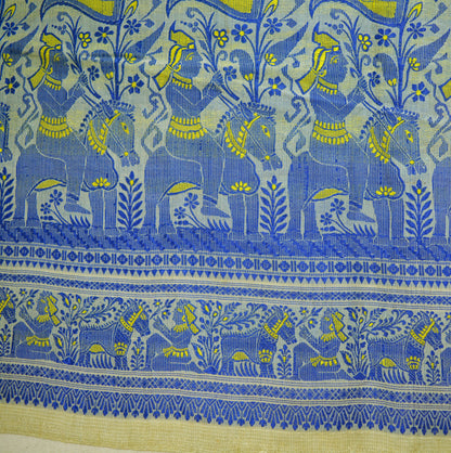 Vintage Cream 100% Pure Silk Hand Woven Baluchari Design Fabric 21"X46" hindu Mythological Design Crafting Sewing Quilting