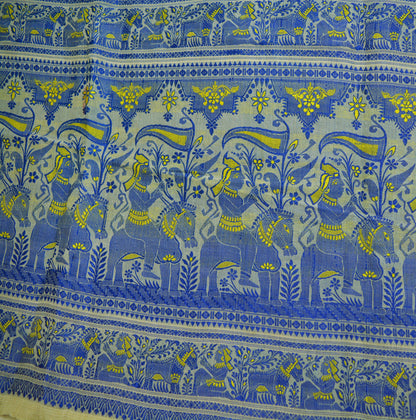 Vintage Cream 100% Pure Silk Hand Woven Baluchari Design Fabric 21"X46" hindu Mythological Design Crafting Sewing Quilting