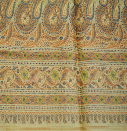 Vintage Blue & Beige 100% Pure Silk Hand Woven Design Fabric 34"X44" Floral Design Crafting Sewing Quilting Horse