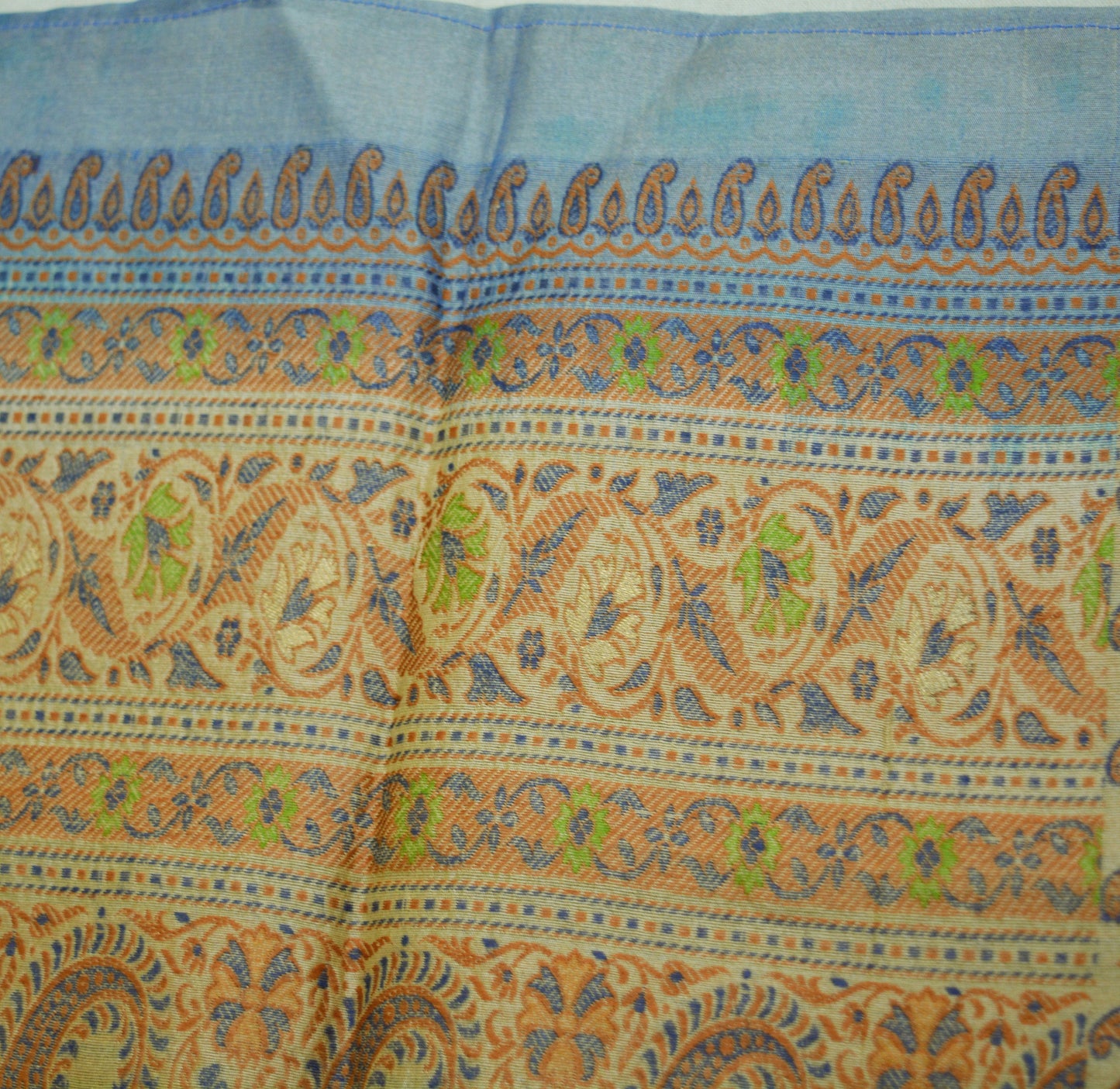 Vintage Blue & Beige 100% Pure Silk Hand Woven Design Fabric 34"X44" Floral Design Crafting Sewing Quilting Horse