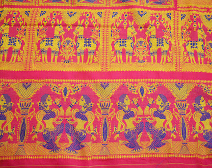 Vintage Pink 100% Pure Silk Hand Woven Baluchari Design Fabric 40"X46" hindu Mythological Design Crafting Sewing Quilting