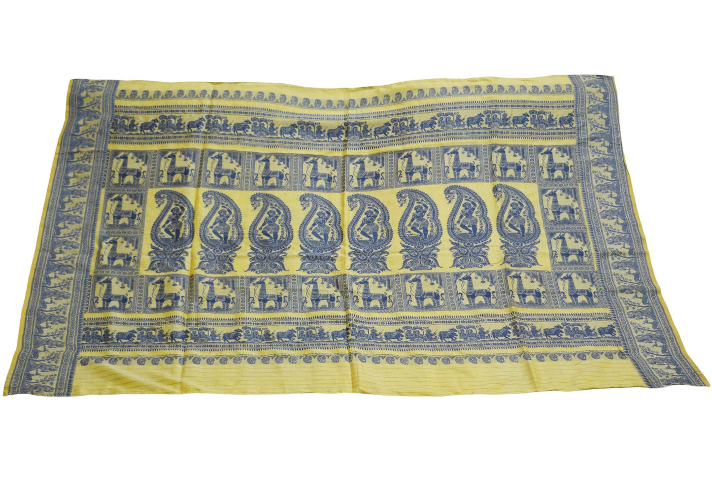 Vintage Yellow 100% Pure Silk Hand Woven Baluchari Design Fabric 32"X46" hindu Mythological Design Crafting Sewing Quilting