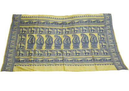 Vintage Yellow 100% Pure Silk Hand Woven Baluchari Design Fabric 32"X46" hindu Mythological Design Crafting Sewing Quilting