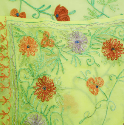 Vintage Yellow Pure Georgette Silk Hand Embroidered Kashmiri Design Fabric 44"X50" Floral Crafting Quilting