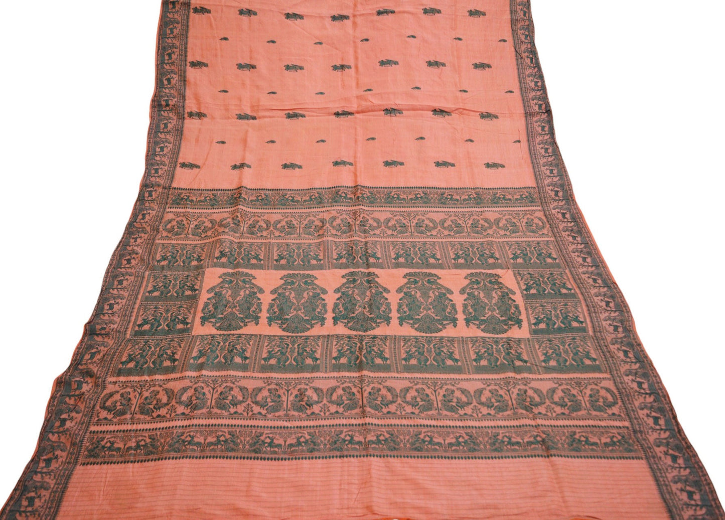 Vintage Peach 100% Pure Silk Hand Woven Baluchari Design Fabric 66"X43" hindu Mythological Design Crafting Sewing Quilting