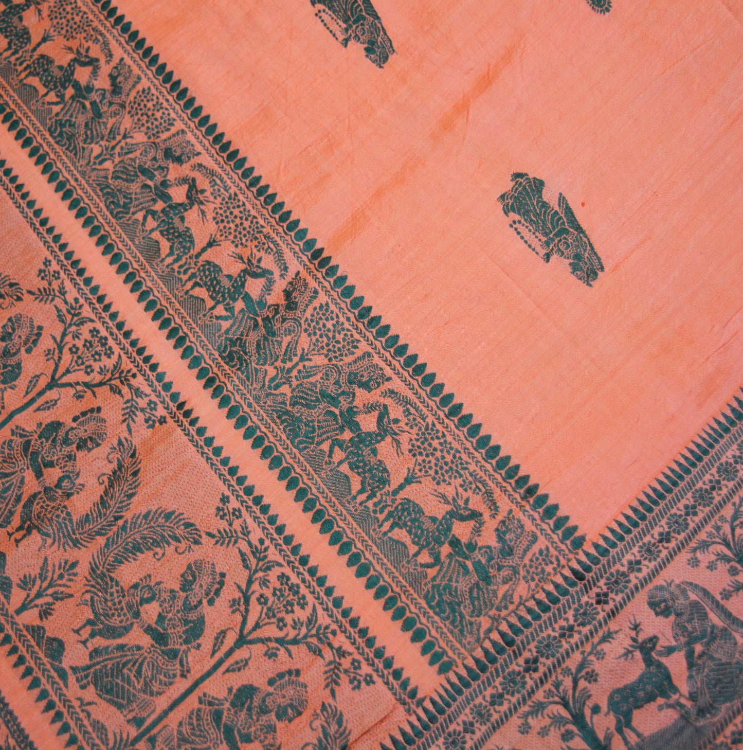 Vintage Peach 100% Pure Silk Hand Woven Baluchari Design Fabric 66"X43" hindu Mythological Design Crafting Sewing Quilting