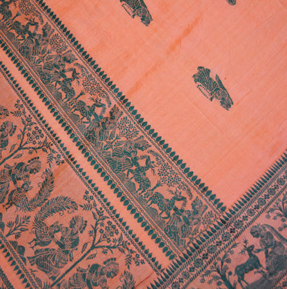 Vintage Peach 100% Pure Silk Hand Woven Baluchari Design Fabric 66"X43" hindu Mythological Design Crafting Sewing Quilting