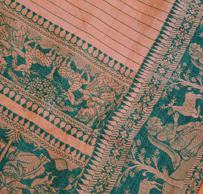 Vintage Peach 100% Pure Silk Hand Woven Baluchari Design Fabric 66"X43" hindu Mythological Design Crafting Sewing Quilting