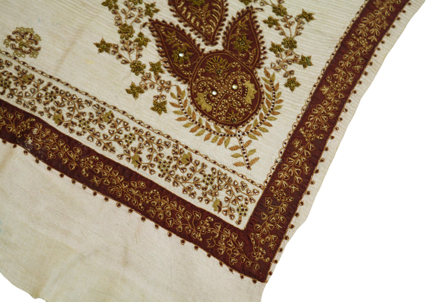 Vintage Cream Pure Woolen Hand Embroidered Design Fabric 16"X4" Floral Crafting Quilting Zardozi/Dabka