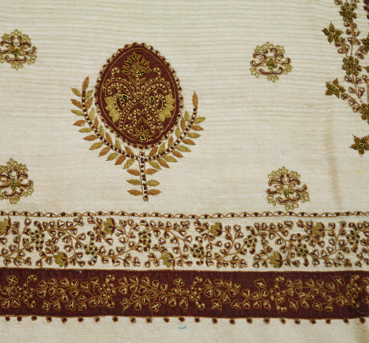 Vintage Cream Pure Woolen Hand Embroidered Design Fabric 16"X4" Floral Crafting Quilting Zardozi/Dabka