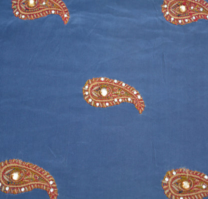 Vintage Blue Pure Crepe silk Hand Embroidered Fabric Design Indian Fabric 12"X41" Floral Design Sewing Ethnic