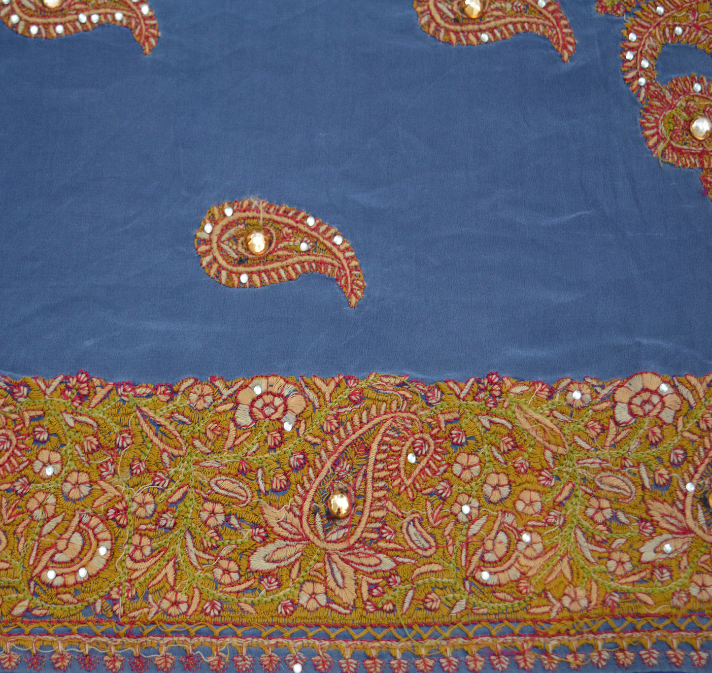 Vintage Blue Pure Crepe silk Hand Embroidered Fabric Design Indian Fabric 12"X41" Floral Design Sewing Ethnic