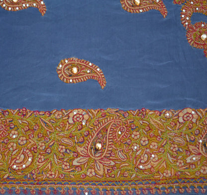 Vintage Blue Pure Crepe silk Hand Embroidered Fabric Design Indian Fabric 12"X41" Floral Design Sewing Ethnic
