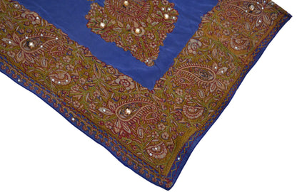 Vintage Blue Pure Crepe silk Hand Embroidered Fabric Design Indian Fabric 12"X41" Floral Design Sewing Ethnic