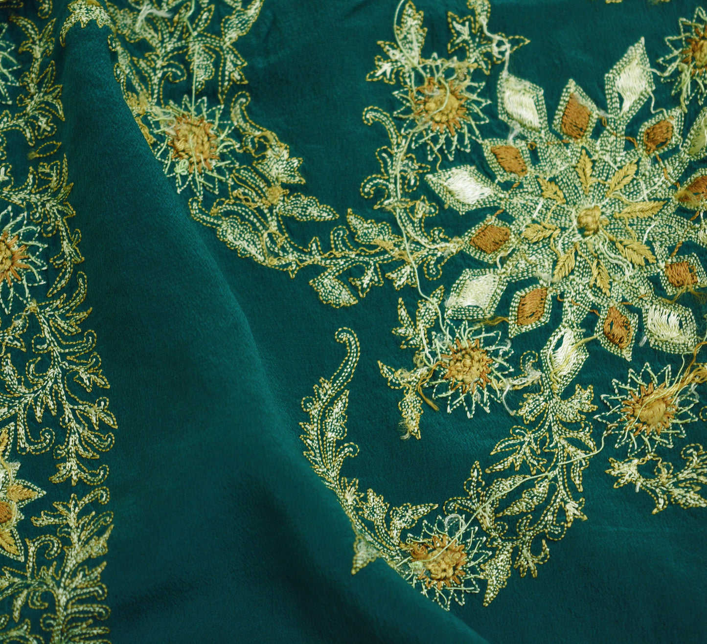 Vintage Green Pure Crepe silk Hand Embroidered Fabric Design Indian Fabric 16"X44" Floral Design Sewing Ethnic