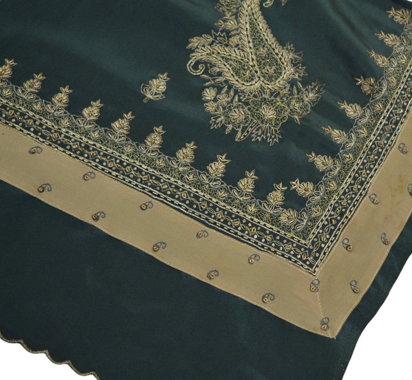 Vintage Gray Crepe Hand Embroidered Design Fabric 12"X45" Floral Crafting Quilting Zardozi dabka zari net work