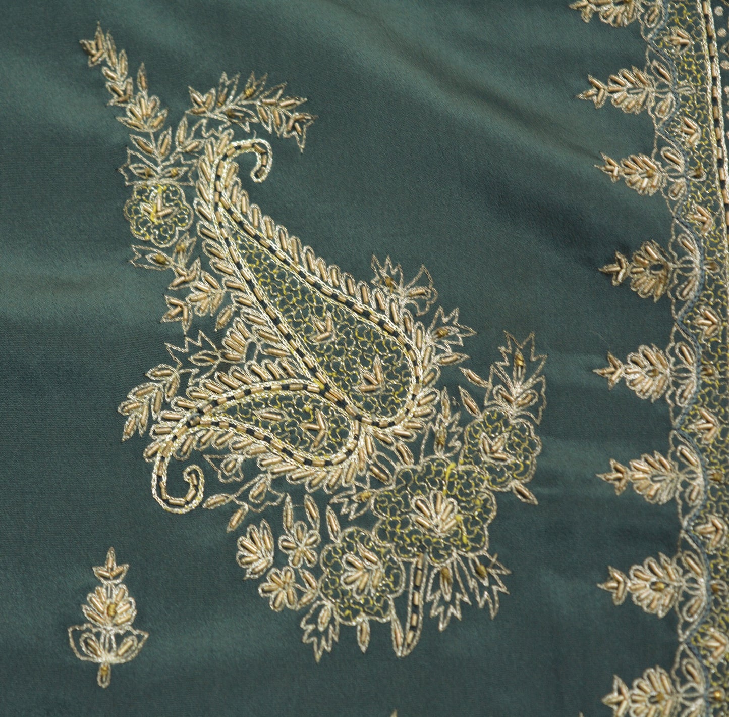 Vintage Gray Crepe Hand Embroidered Design Fabric 12"X45" Floral Crafting Quilting Zardozi dabka zari net work