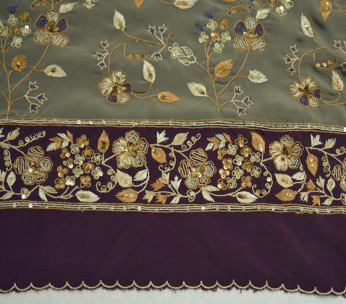 Vintage Gray & Purple Crepe Hand Embroidered Design Fabric 16"X44" Floral Crafting Quilting Zardozi dabka zari net work