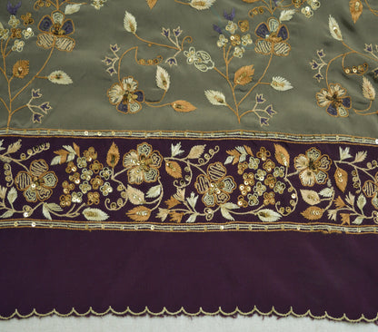 Vintage Gray & Purple Crepe Hand Embroidered Design Fabric 16"X44" Floral Crafting Quilting Zardozi dabka zari net work