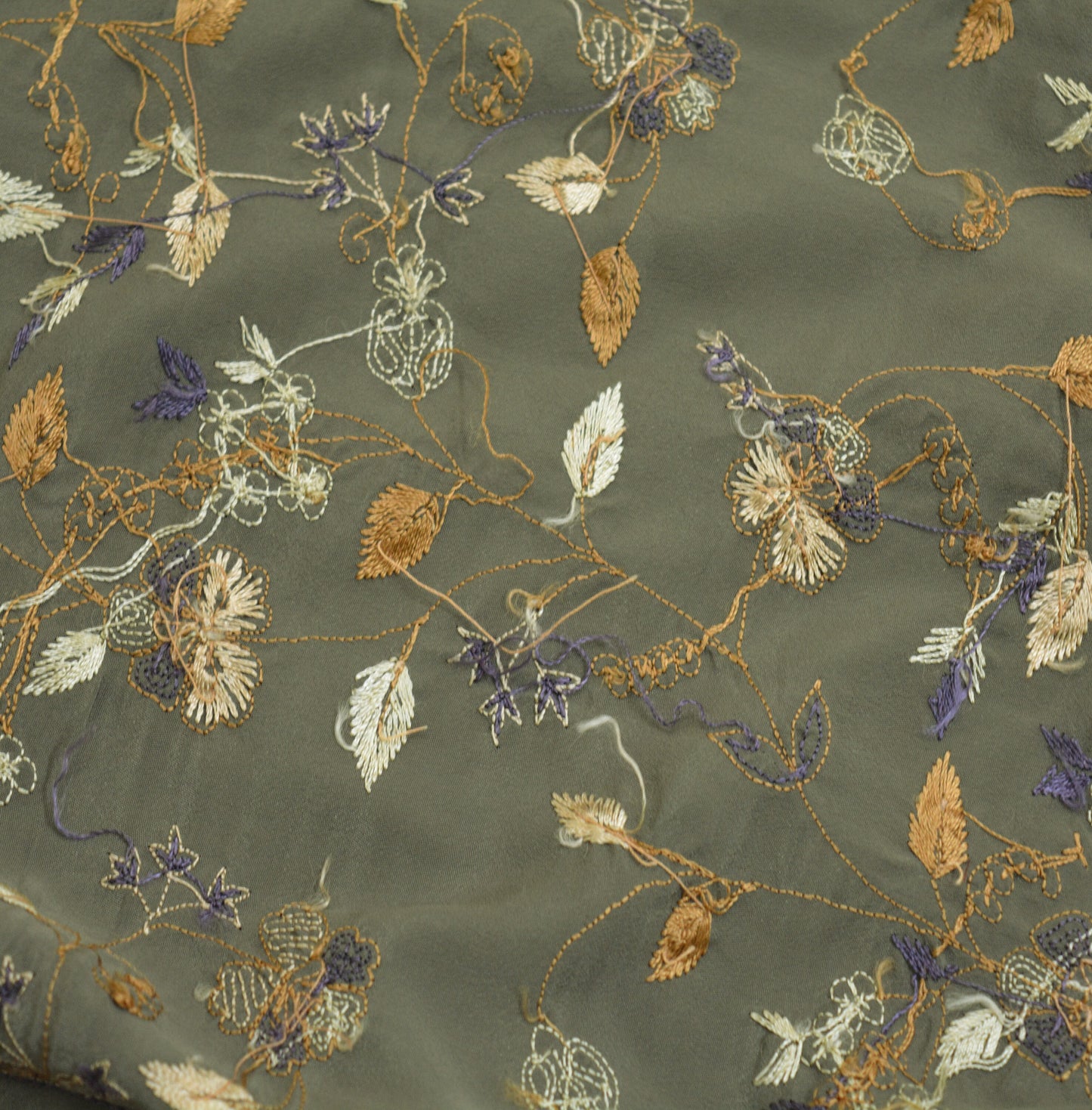 Vintage Gray & Purple Crepe Hand Embroidered Design Fabric 16"X44" Floral Crafting Quilting Zardozi dabka zari net work