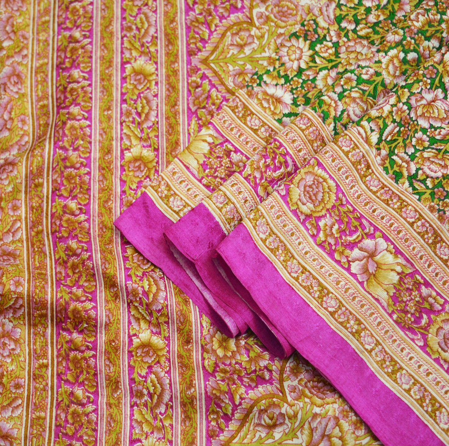 Indian Vintage Sari Pink & Green Pure Silk Printed Saree Fabric 6yd Sewing Craft DressMaking  Soft Floral Ethnic