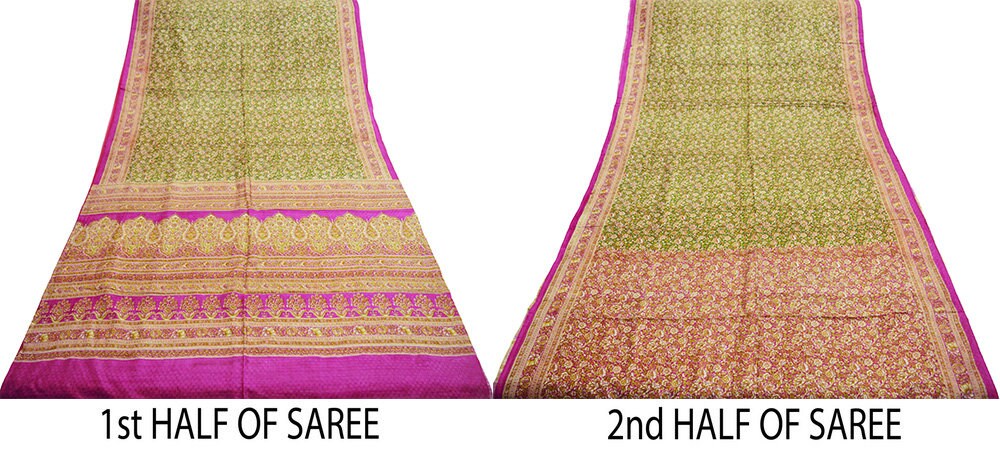 Indian Vintage Sari Pink & Green Pure Silk Printed Saree Fabric 6yd Sewing Craft DressMaking  Soft Floral Ethnic