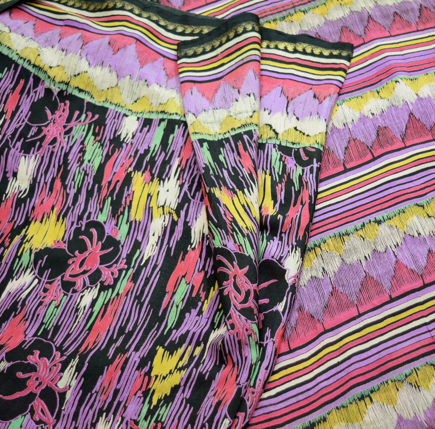 Vintage Sari Black Pure Silk Printed Saree  Craft Fabric 6yard Sewing Floral Soft Dress Designing  for Crafting