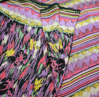 Vintage Sari Black Pure Silk Printed Saree  Craft Fabric 6yard Sewing Floral Soft Dress Designing  for Crafting