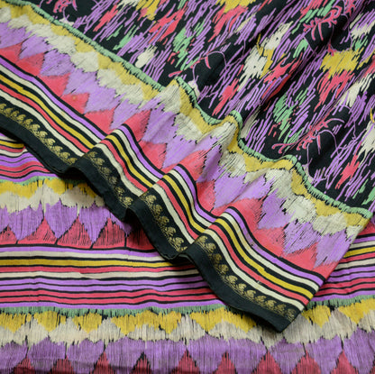 Vintage Sari Black Pure Silk Printed Saree  Craft Fabric 6yard Sewing Floral Soft Dress Designing  for Crafting