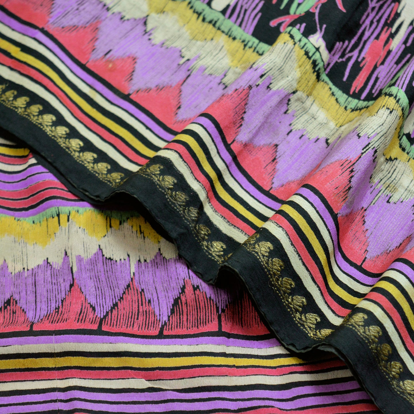 Vintage Sari Black Pure Silk Printed Saree  Craft Fabric 6yard Sewing Floral Soft Dress Designing  for Crafting