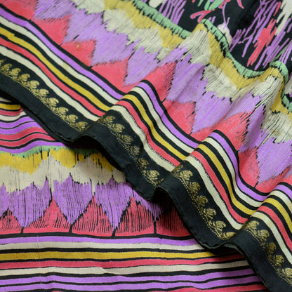 Vintage Sari Black Pure Silk Printed Saree  Craft Fabric 6yard Sewing Floral Soft Dress Designing  for Crafting