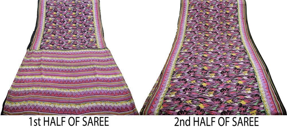 Vintage Sari Black Pure Silk Printed Saree  Craft Fabric 6yard Sewing Floral Soft Dress Designing  for Crafting