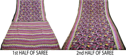 Vintage Sari Black Pure Silk Printed Saree  Craft Fabric 6yard Sewing Floral Soft Dress Designing  for Crafting