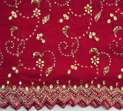 Indian Vintage Heavy Red Dupatta Pure Georgette Silk Long Stole Hand Embroidered Gota Patti Scarves Zardozi