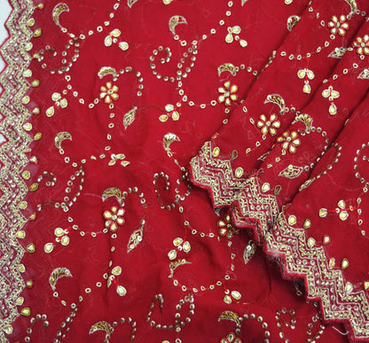 Indian Vintage Heavy Red Dupatta Pure Georgette Silk Long Stole Hand Embroidered Gota Patti Scarves Zardozi