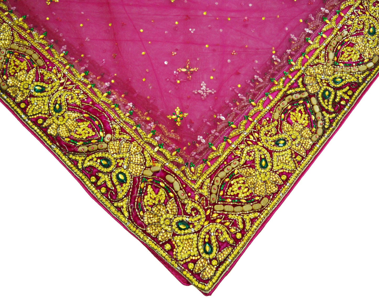 Indian Vintage Heavy Pink Dupatta Net Mesh Long Stole Hand Embroidered Scarf Glass Beaded Stole