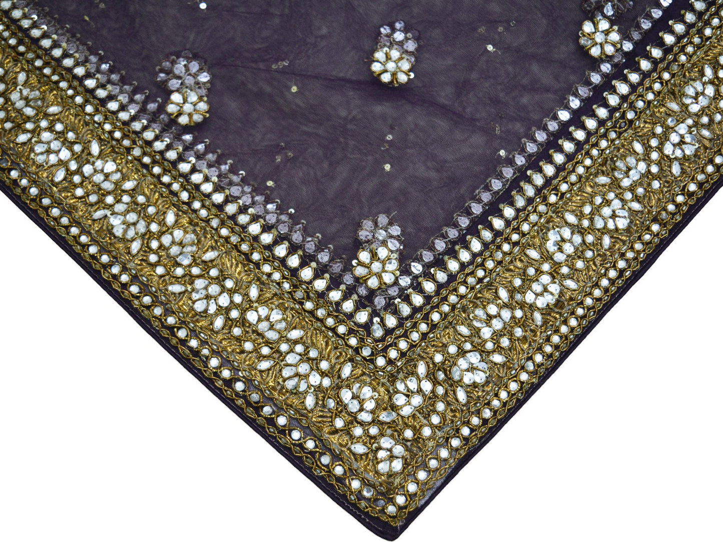 Indian Vintage Heavy Purple Dupatta Net Mesh Long Stole Hand Embroidered Scarf Purple Zardozi Zari Sequins Stole