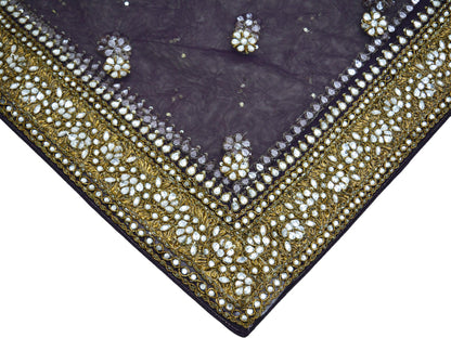 Indian Vintage Heavy Purple Dupatta Net Mesh Long Stole Hand Embroidered Scarf Purple Zardozi Zari Sequins Stole