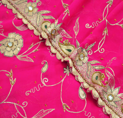 Indian Vintage Heavy Pink Dupatta American Georgette Long Stole Hand Embroidered Scarf Zari Zardozi