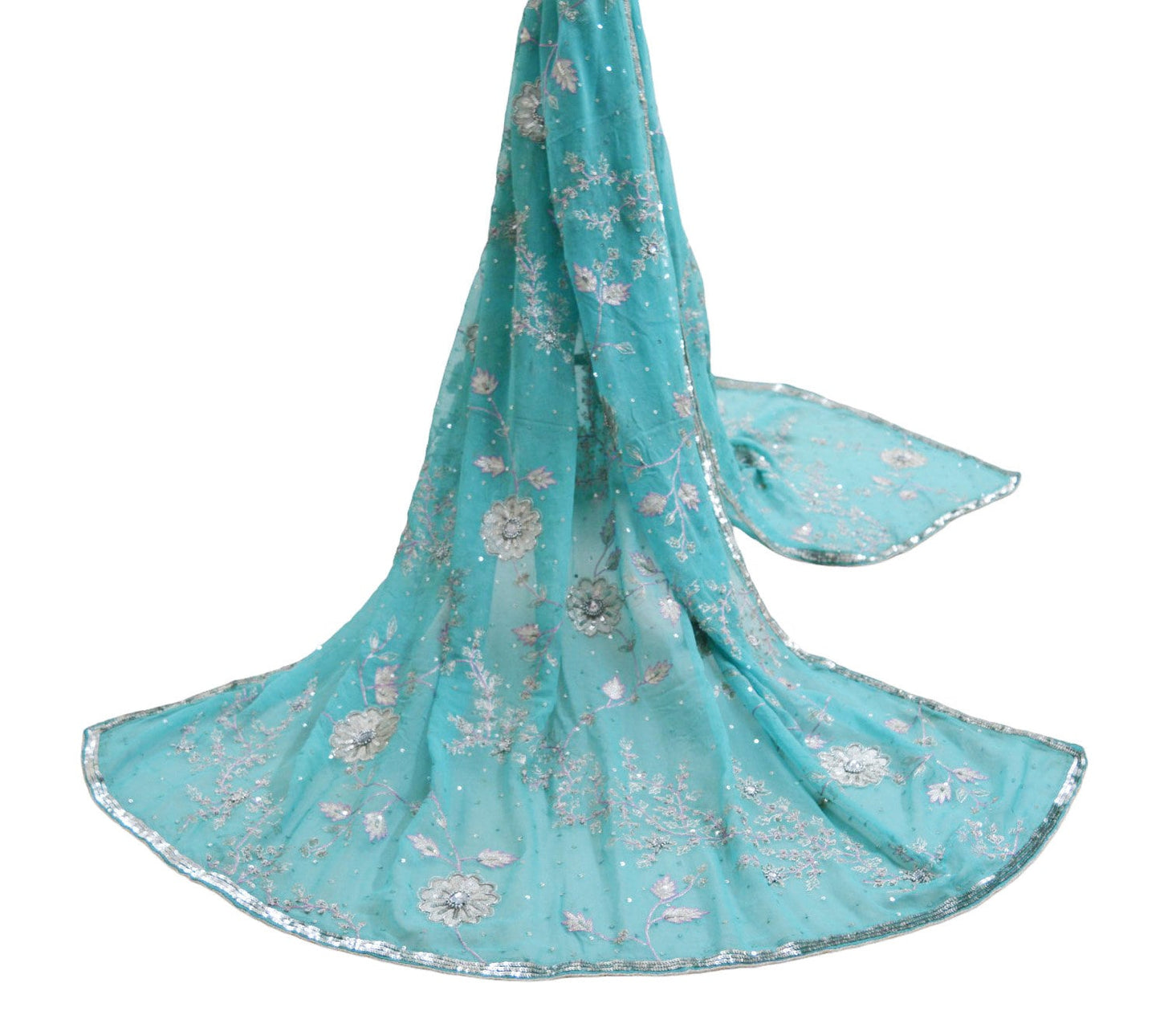 Indian Vintage Heavy Blue Dupatta Pure Georgette Silk Long Stole Hand Embroidered Scarf Zari