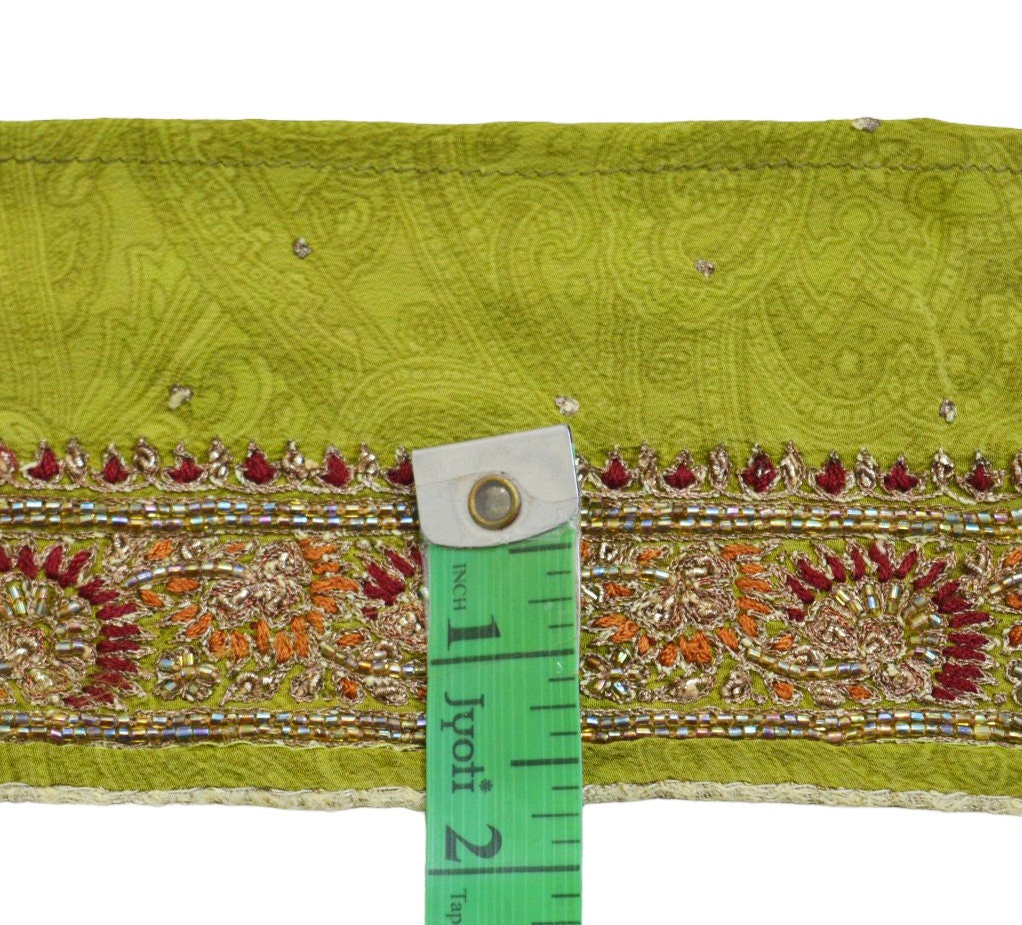 Indian Vintage Green Sari Border Hand Embroidered Craft Trim Lace Sewing Sari Ribbon Pure Crepe silk  Zardozi/Dabka Zari