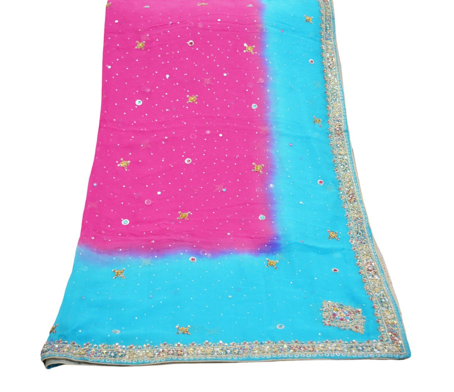 Vintage Blue & Pink Dupatta Long Stole Pure Georgette Silk Hand Embroidered Indian Scarves Veil Hijab Floral Zari