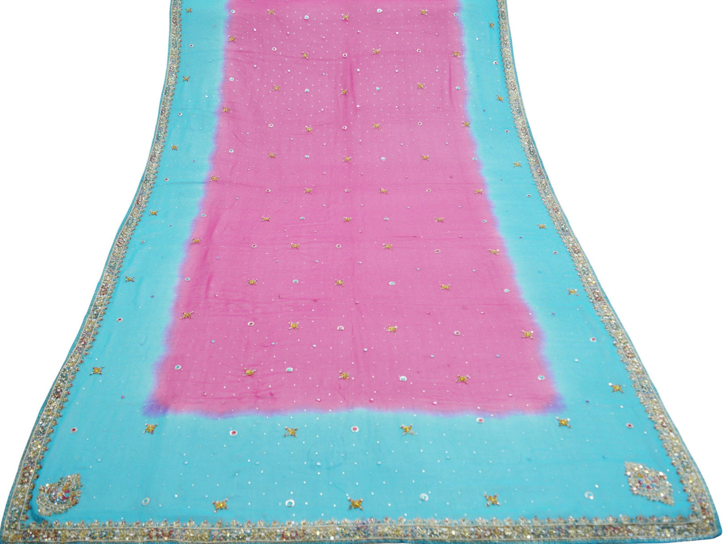 Vintage Blue & Pink Dupatta Long Stole Pure Georgette Silk Hand Embroidered Indian Scarves Veil Hijab Floral Zari