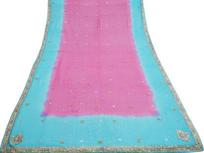 Vintage Blue & Pink Dupatta Long Stole Pure Georgette Silk Hand Embroidered Indian Scarves Veil Hijab Floral Zari