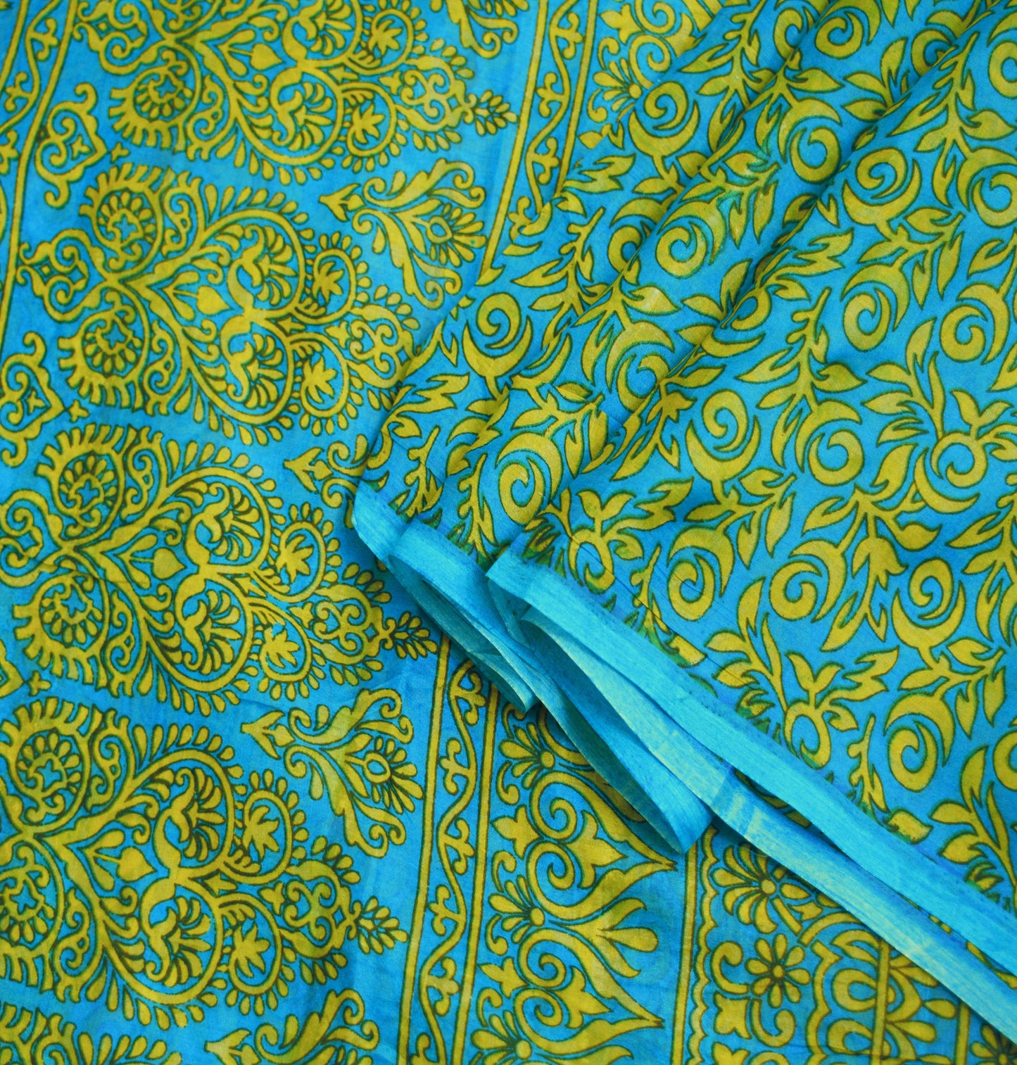 Indian Vintage Sari Blue Pure Silk Printed Saree Fabric 5yard Sewing Craft Fabric DressMaking Wrap Floral