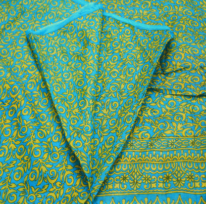 Indian Vintage Sari Blue Pure Silk Printed Saree Fabric 5yard Sewing Craft Fabric DressMaking Wrap Floral